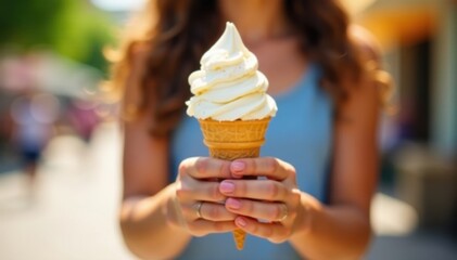 Teenage hands holding ice cream cone, sunny day, youthful, celebration