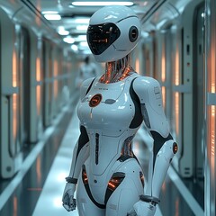 An Advanced Humanoid Robot Waiting in a Futuristic Corporate Setting, Ready to Assist in High-Tech Operations, Blending Cutting-Edge Technology with Modern Work Environments