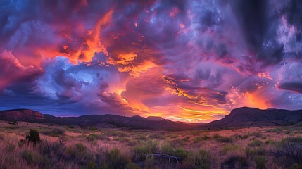 Obraz premium Dramatic sunset sky filled with vibrant hues of orange, pink, and purple.