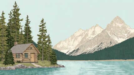 Fototapeta premium Secluded Log Cabin Beside Serene Mountain Lake