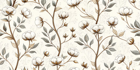 illustrations of blooming cotton flowers - seamless pattern for your design