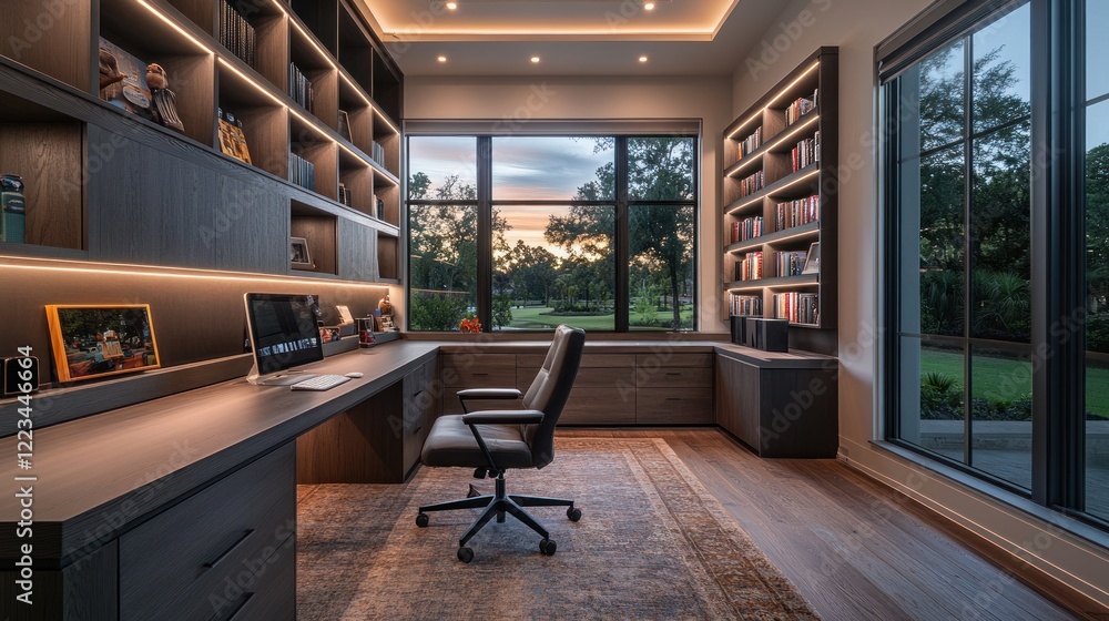 Poster modern home office with built in bookshelves and large window