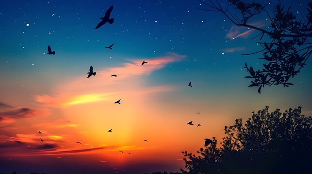 Sky at dusk with silhouettes of birds flying home. - Powered by Adobe