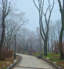 Misty Morning Park in Kyiv with Foggy Trees, Benches, and Path – Serene Autumn Landscape in Ukraine’s Moody Urban Outdoors