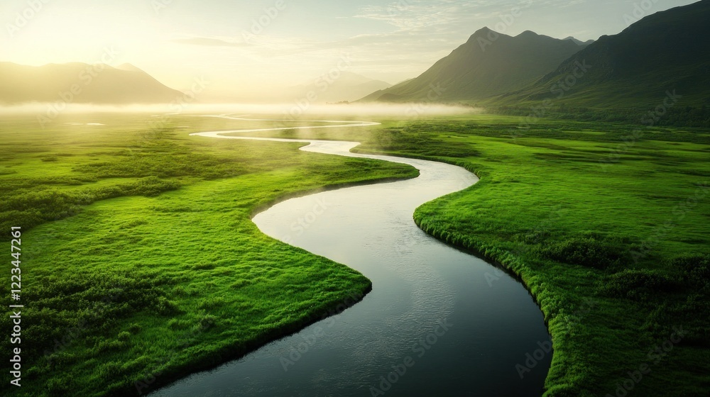 Sticker Serpentine River Flows Through Lush Green Valley And Mountains