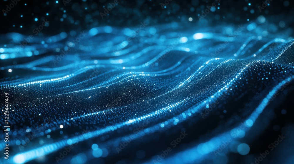 Poster abstract digital waveforms with glowing blue particles in a futuristic design
