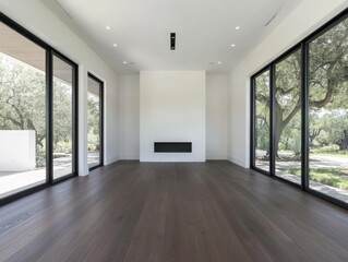 Obraz premium A large open room with a fireplace and a large window. The room is empty and has a lot of natural light