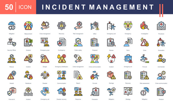 Incident Management icon set, featuring crisis handling, risk assessment, recovery, emergency plans, safety protocols, and response strategies. Perfect for safety and management projects.