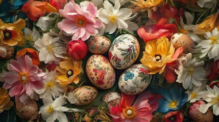 Colorful floral arrangement with decorated easter eggs amidst blooming spring flowers