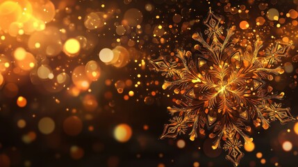 Golden snowflake with sparkling bokeh lights on dark background