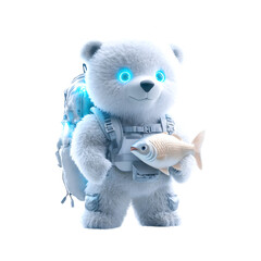 Fluffy 3D Cartoon Backpack with Glowing Zippers and Teddy Bear Holding a Fish Isolated on Transparent Background