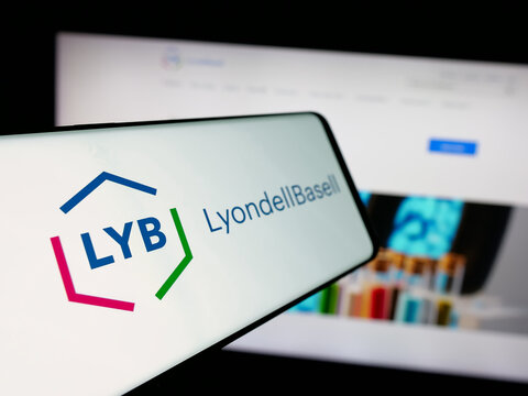 Stuttgart, Germany - 01-24-2025: Smartphone with logo of chemical company LyondellBasell Industries NV on screen in front of website. Focus on center-left of phone display.