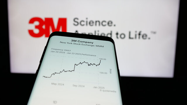 Stuttgart, Germany - 01-24-2025: Mobile phone with website of US business 3M Company on screen in front of logo. Focus on top-left of phone display.