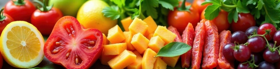 Close-up of diverse healthy foods arranged in a gradient , composition, closeup, nutrition