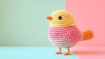 Handmade crochet bird with pastel yarn isolated on a colorful background