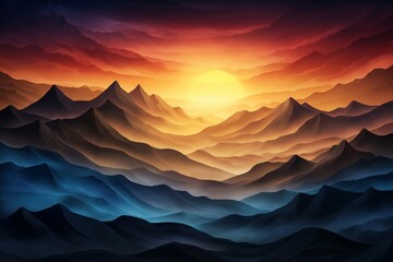 A vibrant illustration of sunrise over layered mountains with warm orange, red, and cool blue tones, creating a serene and majestic atmosphere