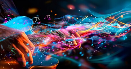 Guitarist on stage and sings in a concert for background, soft and blur concept.