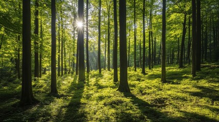 Fototapeta premium Sunlit Forest: A Serene Green Canopy with Dappled Light