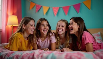 Group of tweens laughing during a slumber party, decorated room, playful, sleep