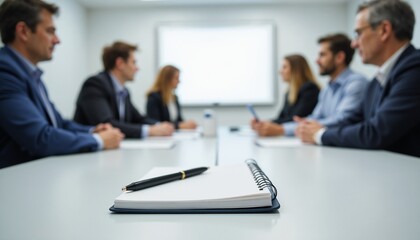 Fototapeta premium Business meeting in a briefing room with professionals discussing and a notebook in focus