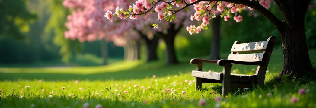 On the right, an old wooden bench sits in the shade, with a backdrop of trees covered in pink and white blossoms - Powered by Adobe