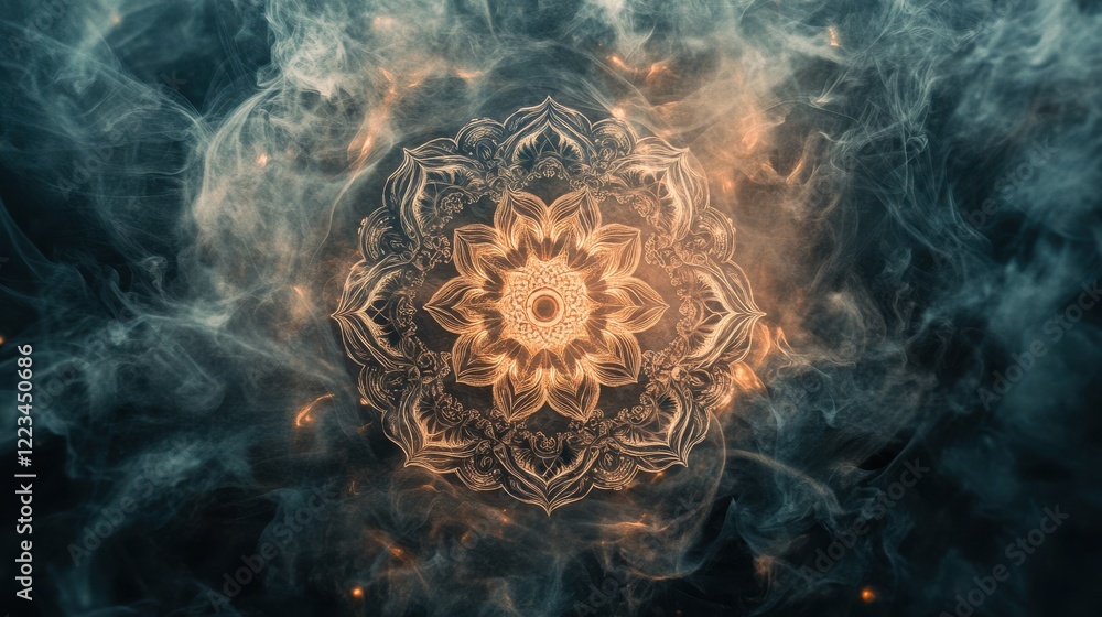 Poster ethereal mandala with intricate patterns amidst smoky background
