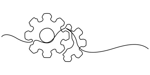 Setting icon continuous one line drawing vector illustration, Continuous one line drawing of Setting icon isolated on white background outline vector illustration, machine wheel gears pro vector.