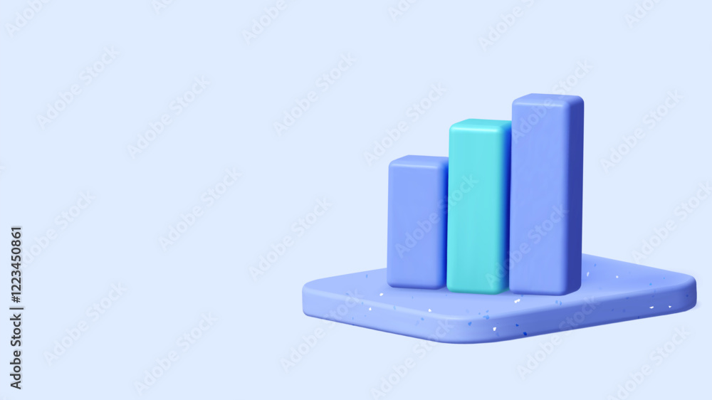 Poster 3D chart with bar graph, featuring empty space for text on a light blue background in a minimalistic style. Vector illustration. 