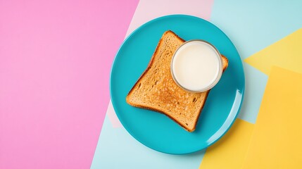 Healthy brown cinnamon toast breakfast cereal with whole milk isolated on a colorful background