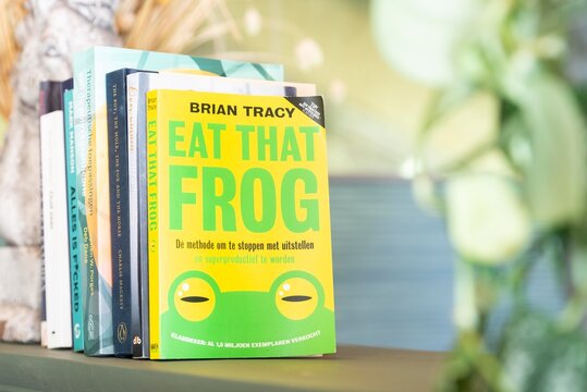 Brian Tracy's bestseller 'Eat that frog' displayed leaning against a row of books, surrounded by a beautiful bokeh environment.