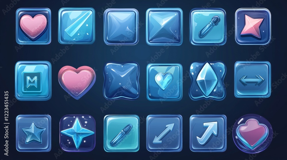 Poster glossy blue buttons and frames for ui game interface. vector cartoon set of gui elements, square, st
