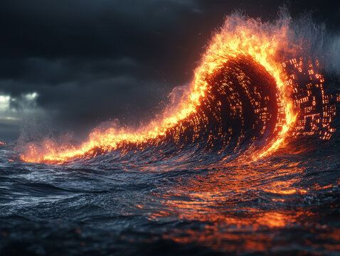 Digital wave of glowing binary code crashing against a dark backdrop showcases the dynamic force of Big Data in ultra realistic detail and cinematic presentation