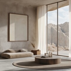 A living room with a white couch and a coffee table. A framed picture is on the wall