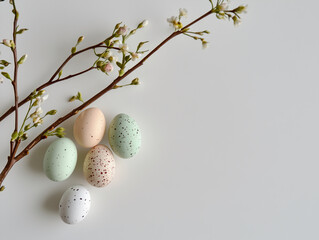 Obraz premium Bunch of colorful Easter eggs are scattered on a white background