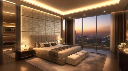 Luxurious Modern Bedroom Overlooking City Sunset