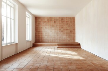 A room with a tan brick wall and tan floor. There are no furniture or decorations in the room