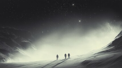 Two Figures Traverse a Snowy Alien Landscape Under a Starry Sky