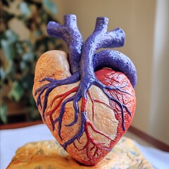 Vibrant heart model with visible veins and arteries, showing an intricate network of the cardiovascular system,