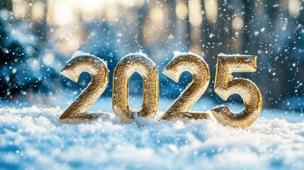 Golden 2025 in sparkling snowy winter wonderland, celebrating new year and holiday season