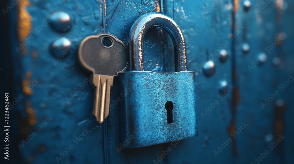 Poster 3d lock padlock with key. blue secure locker icon. isolated secret privacy keyhole for door or house