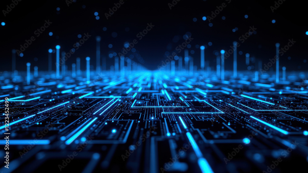 Poster futuristic blue glowing circuit board with intricate patterns.