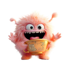 Pink Furry Monster Holding a Gold Plate Isolated on Transparent Background