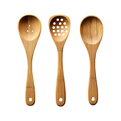 Eco-Friendly Bamboo Kitchen Utensils - Three Wooden Spoons with Holes Isolated on Transparent Background