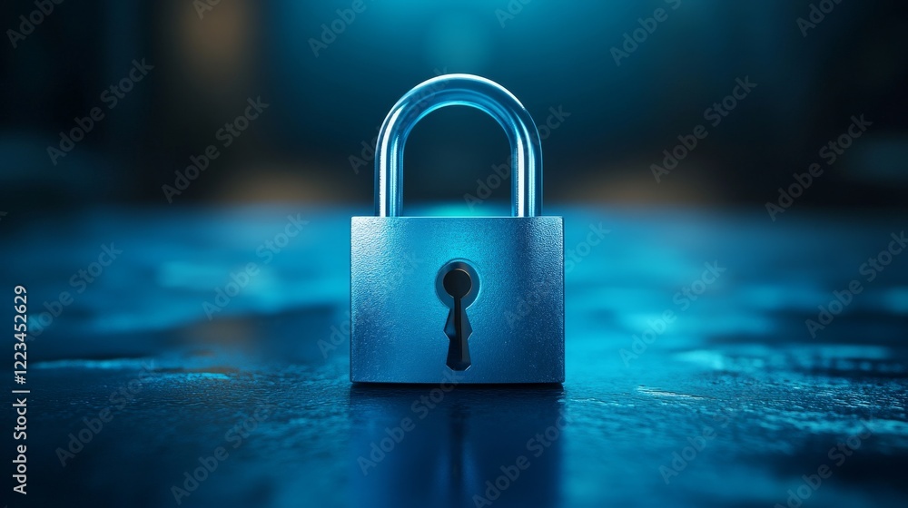 Poster 3d lock padlock with key. blue secure locker icon. isolated secret privacy keyhole for door or house