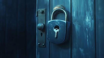 Obraz premium 3d lock padlock with key. Blue secure locker icon. Isolated secret privacy keyhole for door or house protection. Business security sign. Realistic closed insurance object png for website design