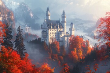 Fototapeta premium A fairy-tale castle atop a hill glows with autumn colors and mist in the magical Bavarian landscape