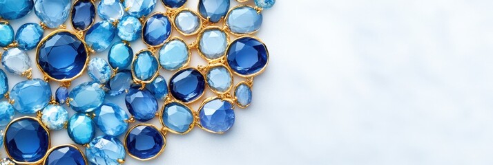 Elegant arrangement of blue gemstone necklaces with gold accents on a marble surface showcasing their shimmering beauty