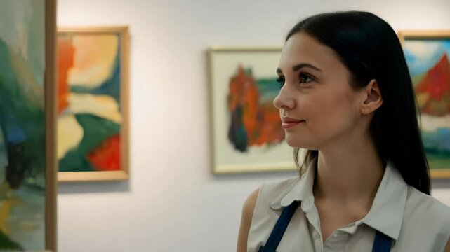 Zoom in video of a young woman in an artist's smock, walking through an art gallery, soft light, paintings adorn the walls