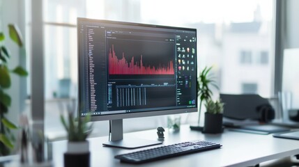 Fototapeta premium A high-resolution 4K monitor displaying detailed graphics in a modern workspace, clean and minimalistic setup, High-tech style