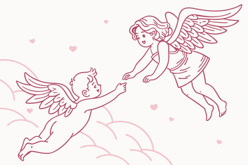 Cherub, angel, pink monochrome, watercolor effect, floating, wings, romantic, vintage style, Renaissance-inspired, ethereal, delicate lines, soft shading, playful pose, cupid-like, whimsical, heavenly